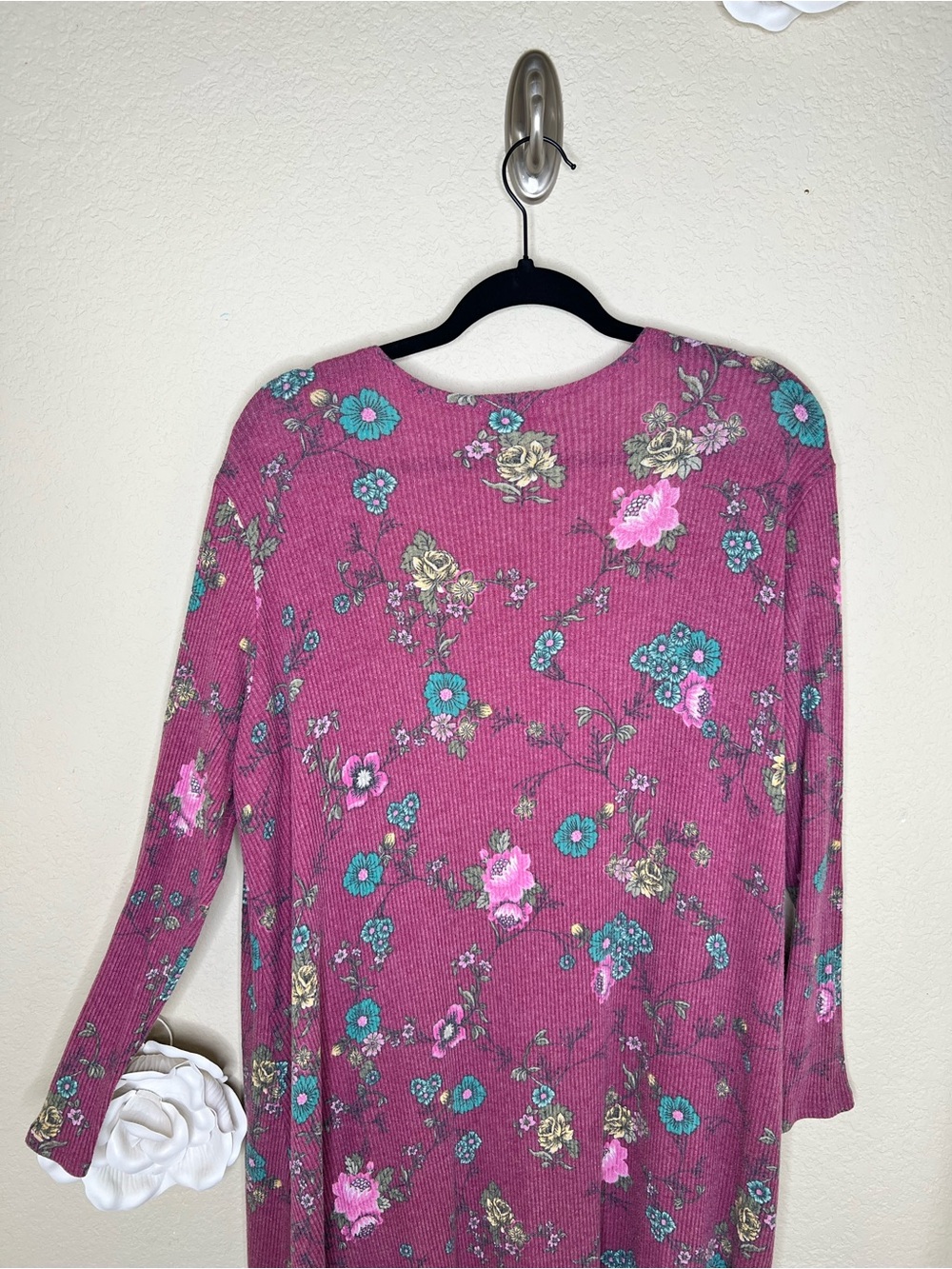 NTM: LuLaRoe Sarah Floral Duster Cardigan Large Pink Ribbed Open Front Pocketed - Picture 10 of 13